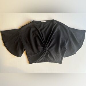 Black Crop Batwing V Neck Top